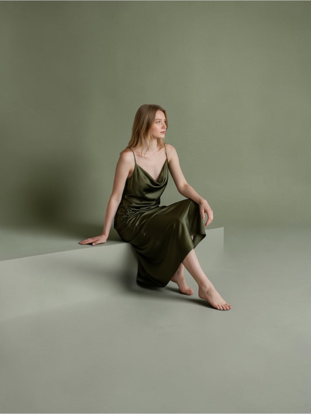 PrettyLittleThing Olive Green Cowl Midi Dress with Side Ruche